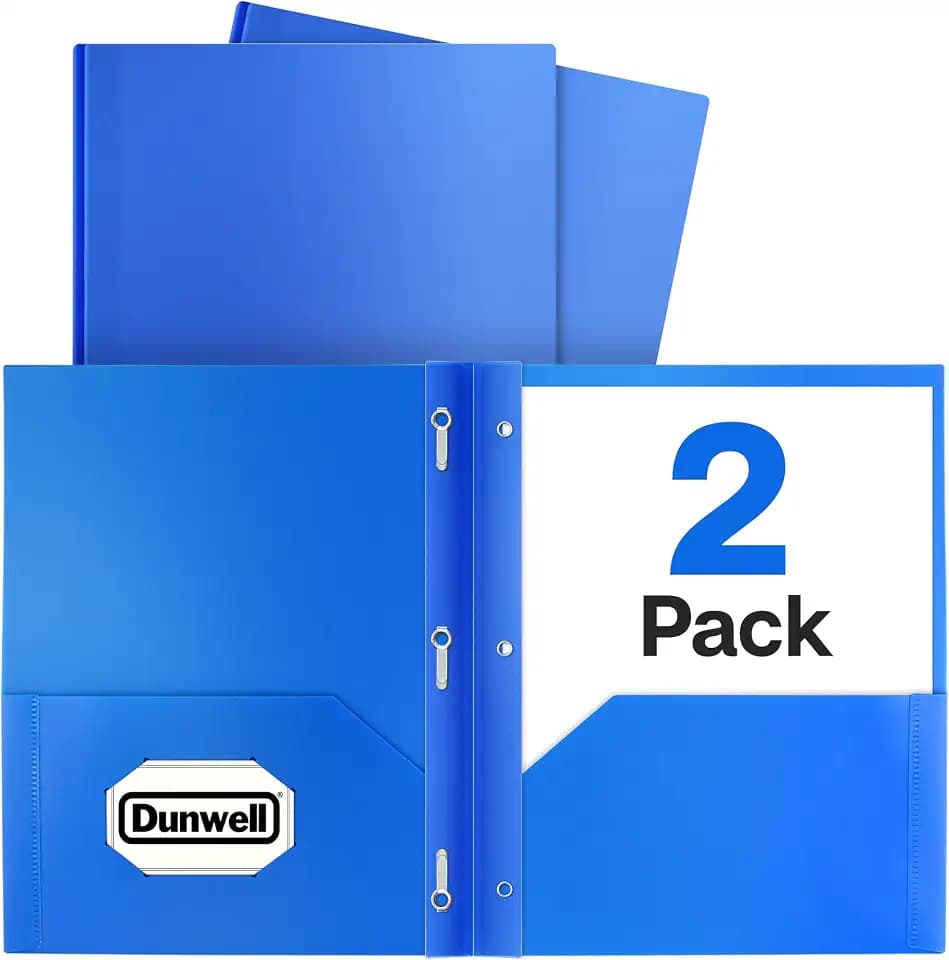 Dunwell Plastic 2-Pocket Folders with 3 Prongs, Blue, 2 Pack, Poly