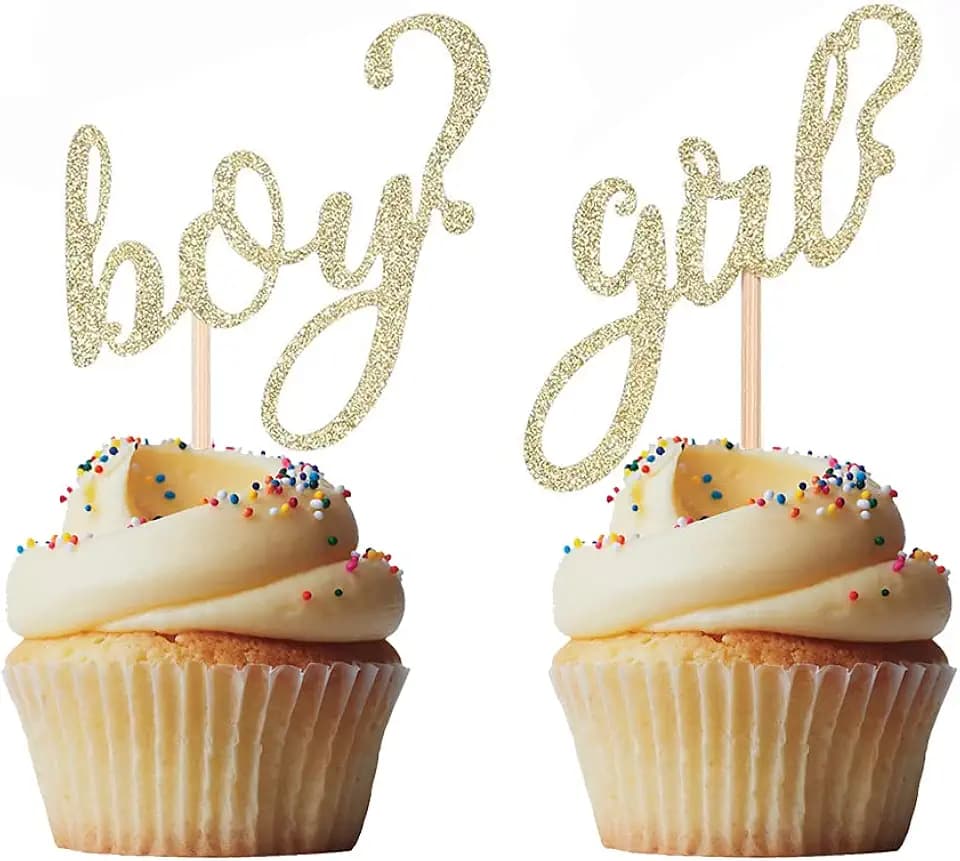 Morndew 24 PCS Glitter Gold Boy or Girl Cupcake Toppers for Gender Reveal Party Baby Shower Birthday Party Decorations - Boy or Girl - He or She