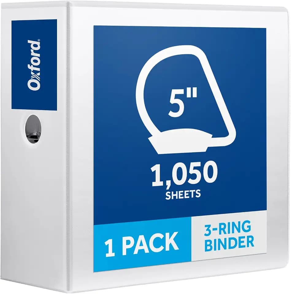 Oxford 5 Inch 3 Ring Binder, White, Holds 1050 Sheets, 2 Pockets