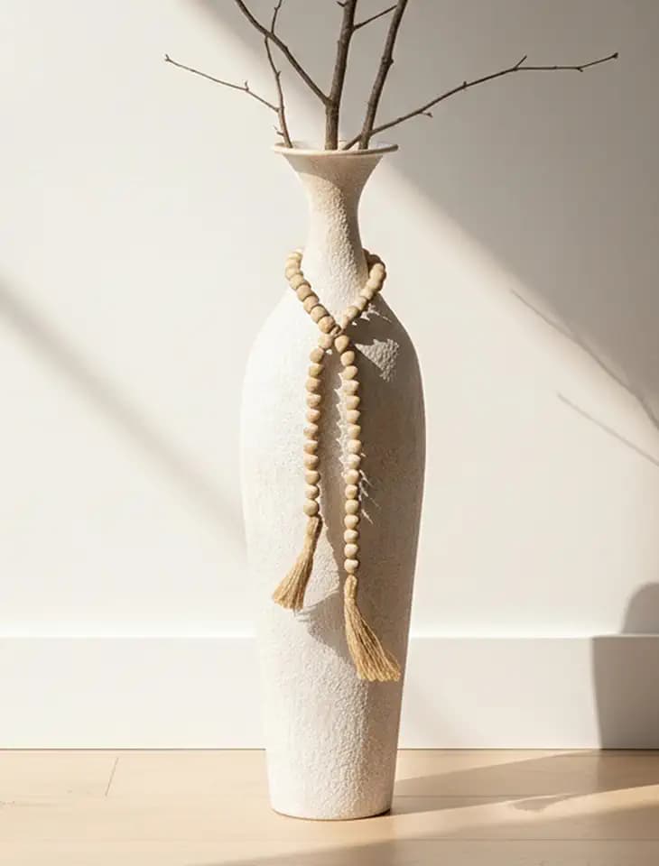 Sziqiqi Metal Tall Floor Vase, Large Boho Vase with Bead for Pampas Grass