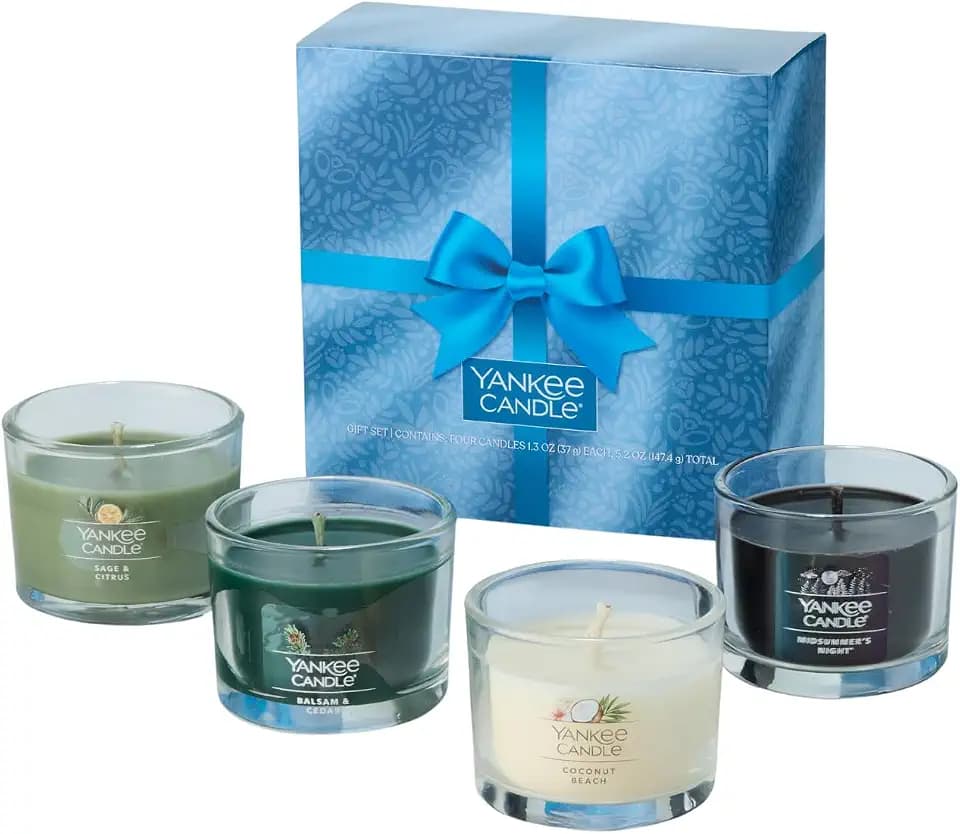 Yankee Candle Scented Votive Candles, Candle Gift Set, Home Fragrance Sampler Pack of 4, Sage and Citrus, Balsam Cedar, Coconut Beach and Midsummer’s Night, 1.3 Oz