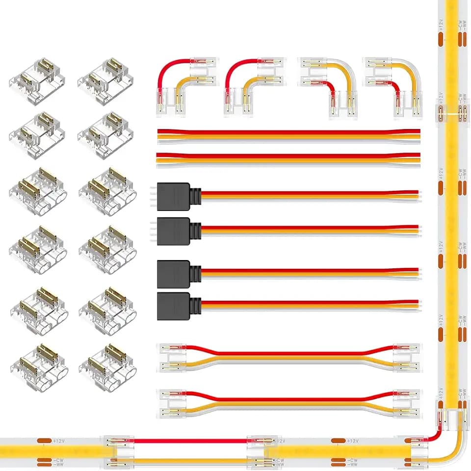 BTF-LIGHTING FCOB 10mm 3PIN Connector Kit for COB CCT (V+ CW WW) LED Strip Lights,L-Shaped/Dual-End with Wire/Gapless/Strip to Wire/3PIN JST Connector,3 Conductor 22AWG Wire