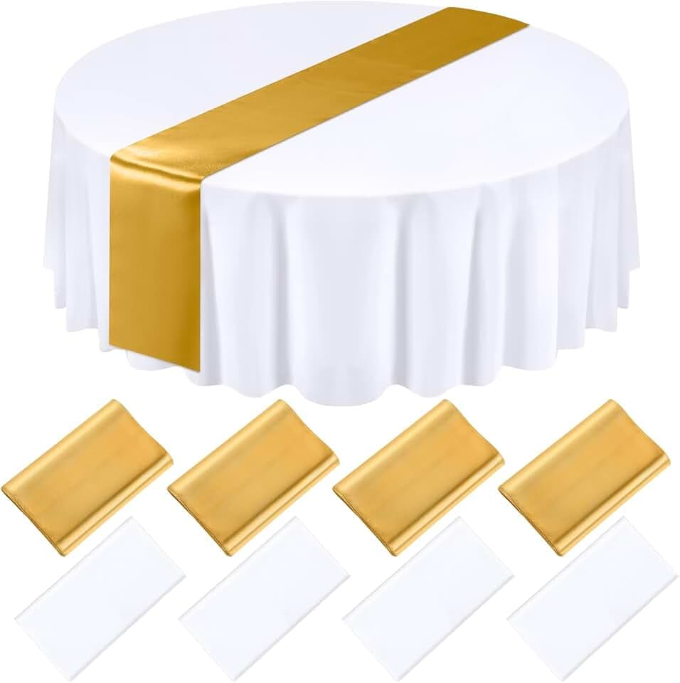 Tudomro 8 Pcs White and Gold Round Tablecloth and Satin Runner Set