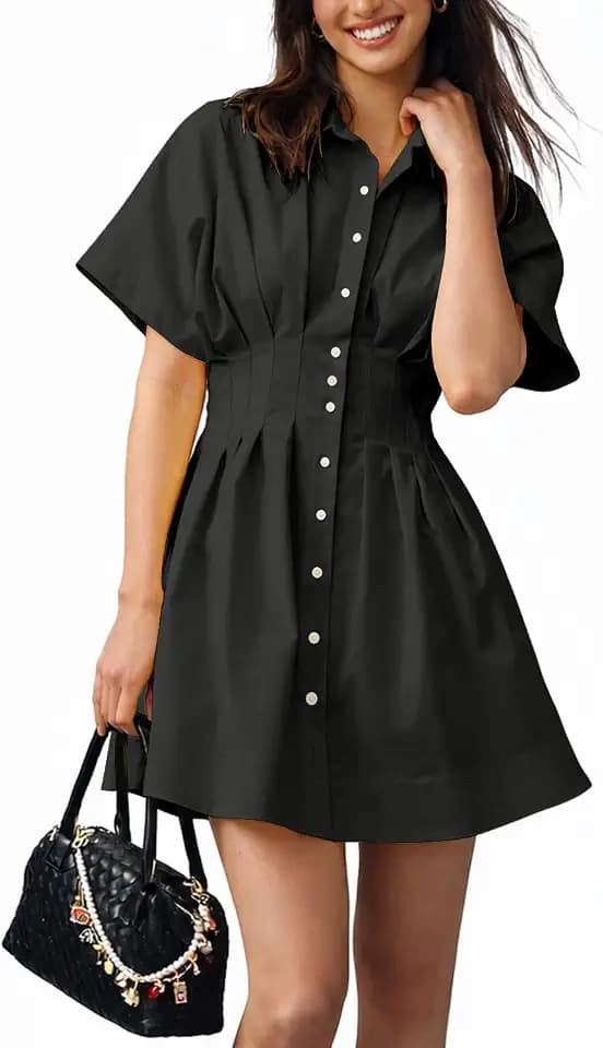Shy Velvet Women's Mini Shirt Dress Button Down Short Sleeve Collared Dress