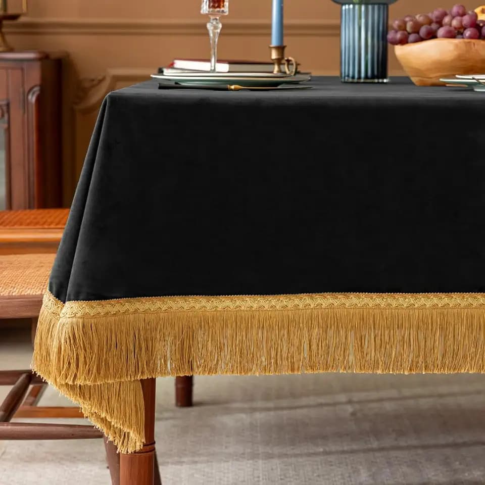 F-CHU Luxury Black Velvet Tablecloth with Gold Tassel Trim, Rectangular Vintage Table Cover, Plush Heavy Fabric for Dining Table, Party, Holiday & Banquet Decor 60x102-Inch