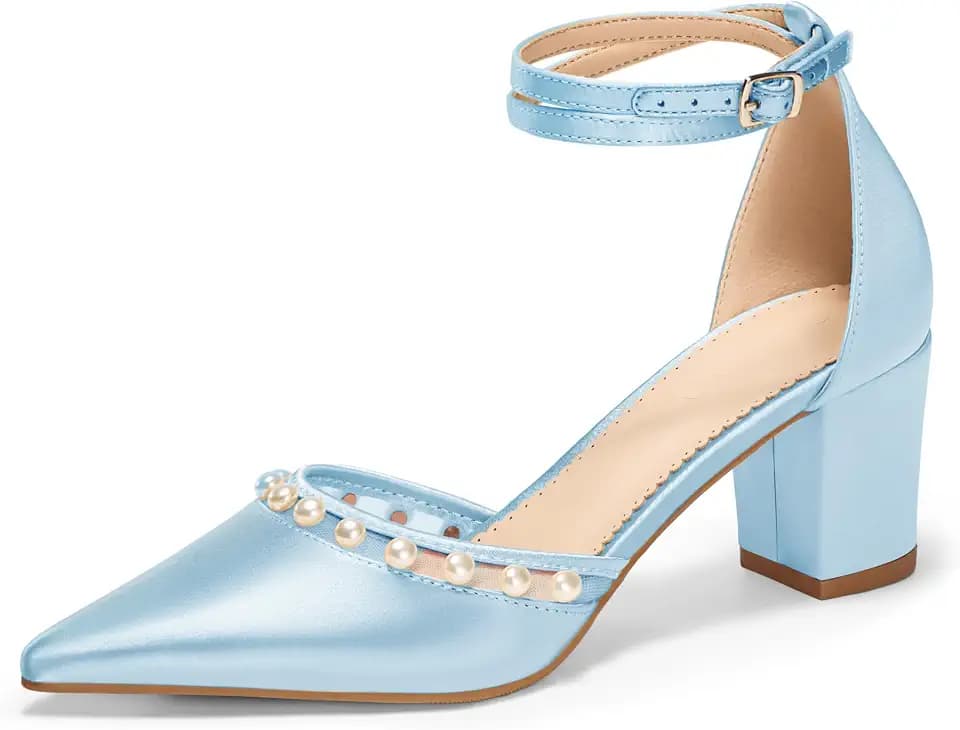 Coutgo Womens Pearl Chunky Heels Wedding Shoes for Bride Closed Pointed Toe Ankle Strap Satin Pumps