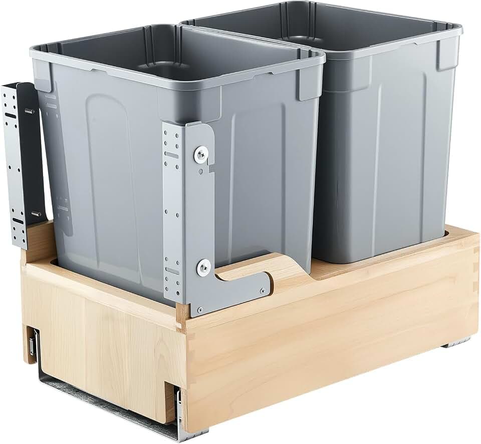 VEVOR Wood Pullout Trash Can for Kitchen Cabinets, 35 QT x2 Double Under Sink Garbage Waste Recycling Bin, Under Mount Waste Container