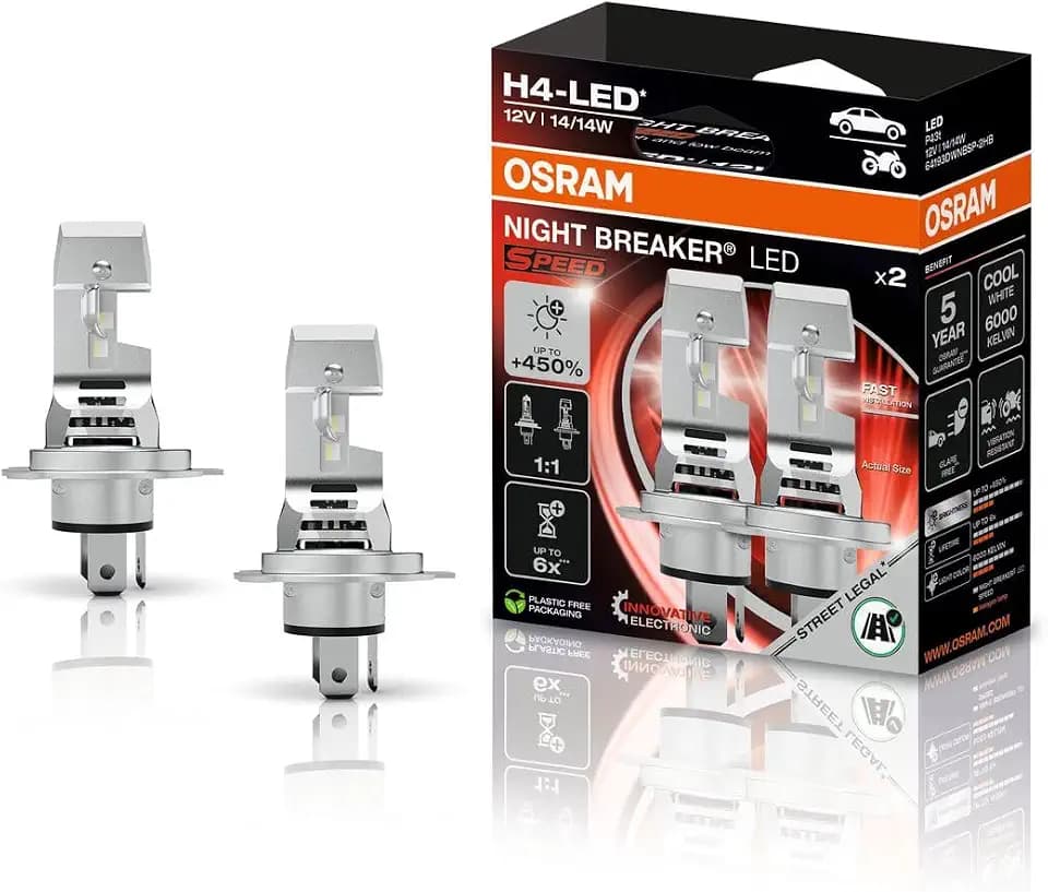 Osram Night Breaker LED Speed H4 450, Fern- und Abblendlicht mit Straßenzulassung, bis zu 450% Mehr Helligkeit, 6000K, Schnelle Installation, Kein Mechanisches Zubehör Notwendig, LEDEC02 Integriert
