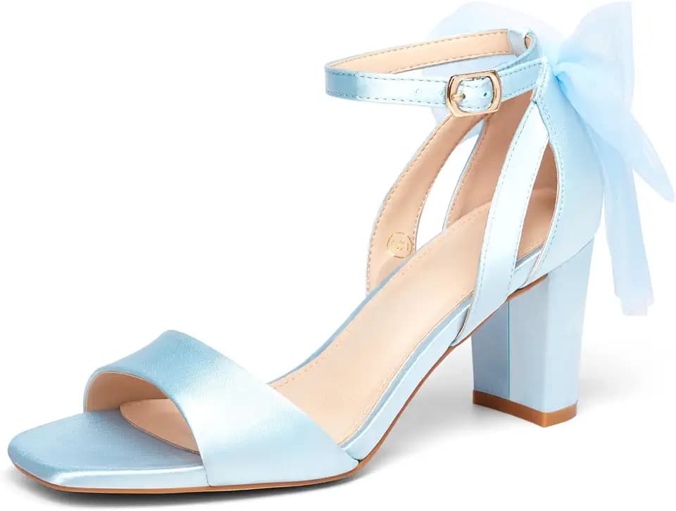 Coutgo Women's Bow Tie Heeled Sandals Chunky Heels One Strap Satin Ankle Buckle Dress Wedding Shoes
