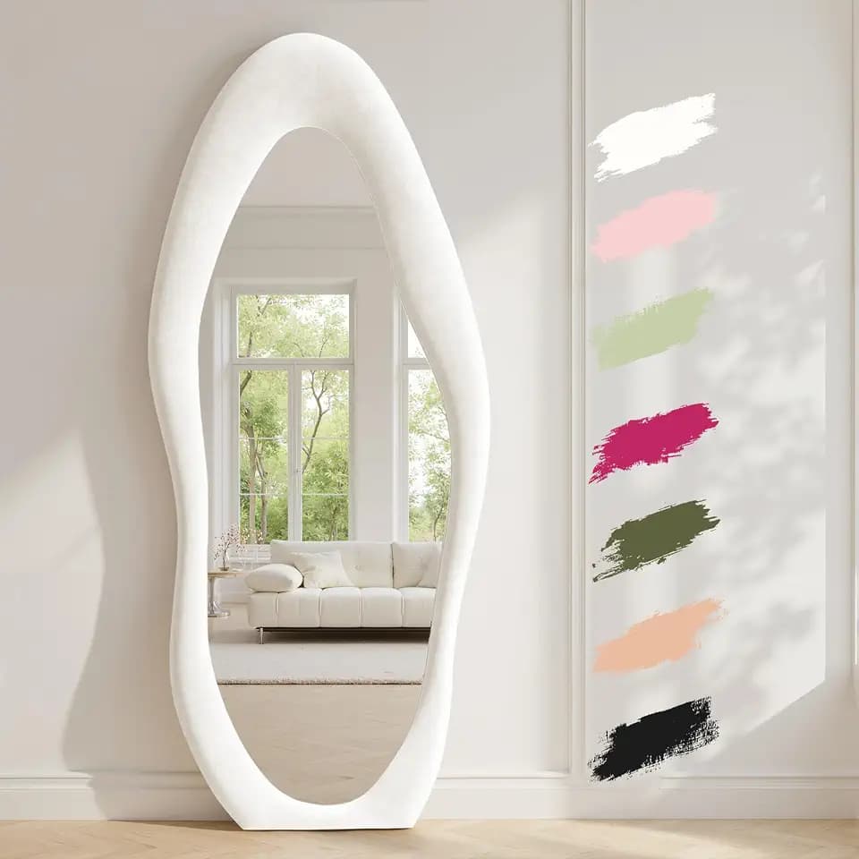 Anpark Full Length Mirror 71"x30" Irregular Full Body Wall Mounted Floor Mirror Without Stand Ivory Flannel Wrapped Frame Leaning Hanging Wall Mirror for Bedroom Entrance