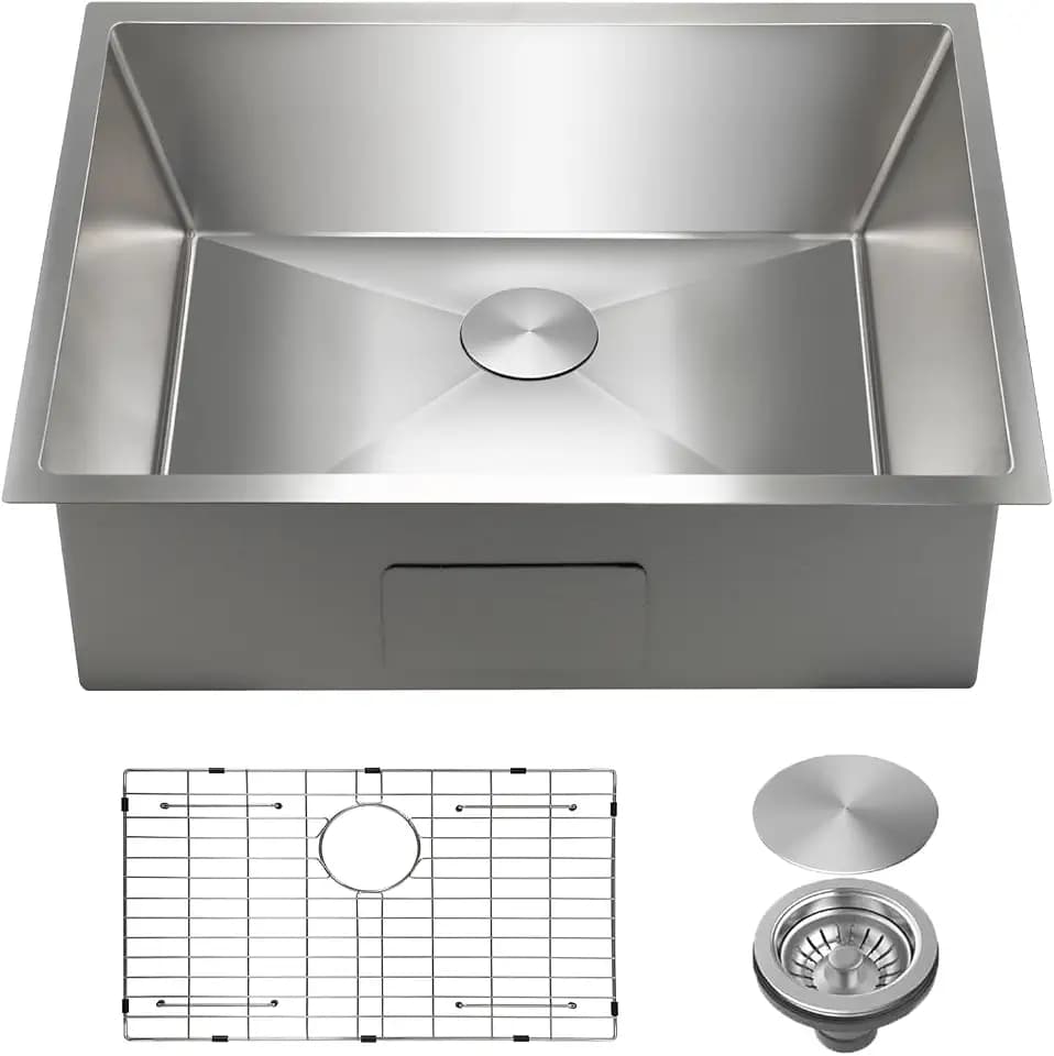 SANYCASA 24 Inch Undermount Kitchen Sink with Quiet Drain, Bottom Grid - 11 Gauge Stainless Steel Single Bowl