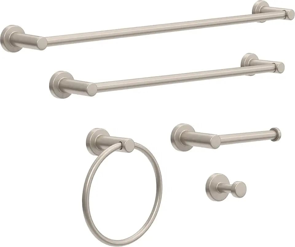 Franklin Brass Wake 5-Piece Bathroom Set SpotShield Brushed Nickel 18" & 24" Towel Bar Racks, Toilet Paper Holder, Ring, Hook | Accessories | Hardware | Fixtures WAK65-BN