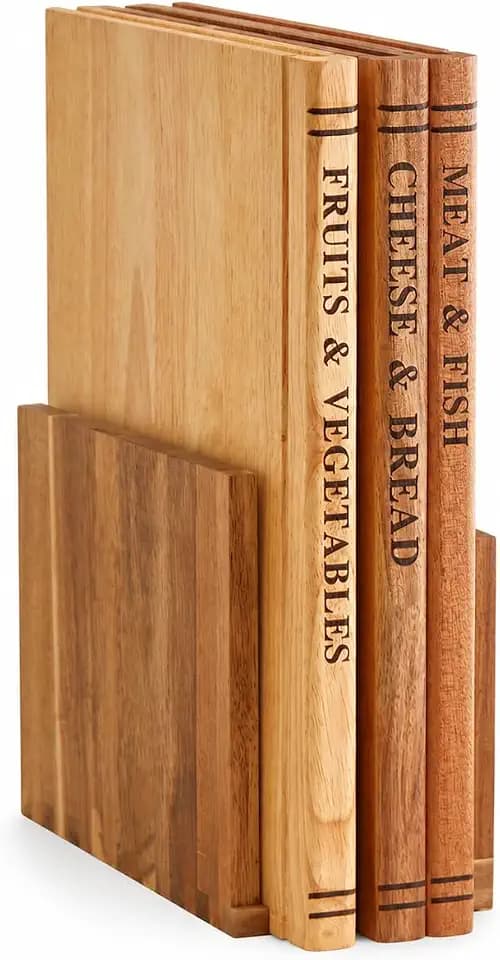 Book Cutting Board Set of 3 with Stand, Acacia Wood Kitchen Chopping Boards