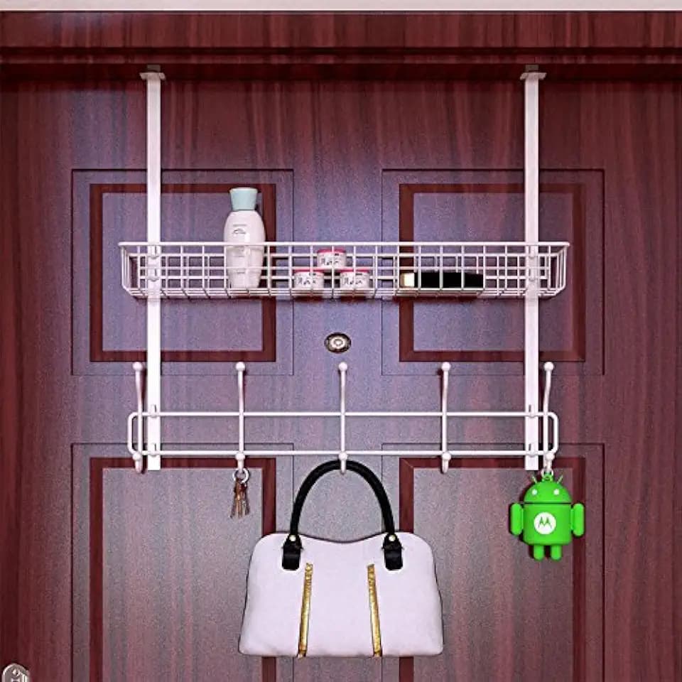 Over-The-Door Hook Rack with Shelf No-Slip and No Nail Storage Rail Rack for Hanging Towel Coat Hats (White)