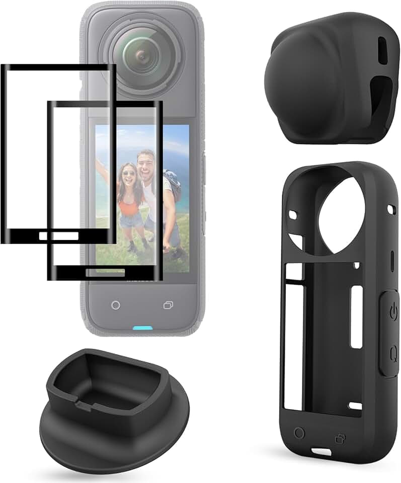 FiTSTILL-Schutzset für Insta 360 X4, Displayschutz aus gehärtetem Glas und Silikonhülle und Silikon-Objektivabdeckung und Silikon-Stützbasis, X4-Zubehör