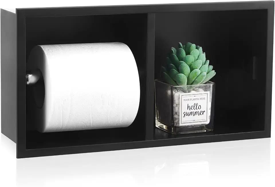 Moxweyeni Recessed Dual Roll Toilet Paper Holder 304 Stainless Steel Hidden in-wall with Storage Durable Tissue Roll Holder Heavy Duty Space Saving Design for Modern Bathrooms and Remodel(Black)