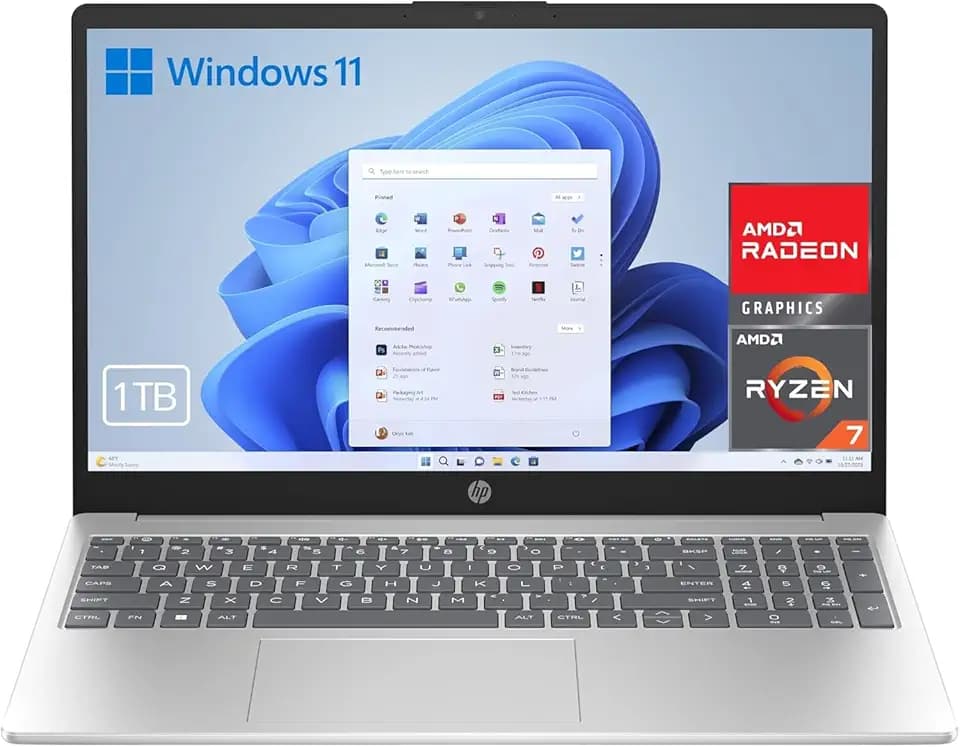HP Laptop 39,6 cm (15,6 Zoll) FHD AMD Ryzen 7-7730U, 32 GB RAM, 1000 GB SSD, AMD Radeon Graphics, Windows 11, Copilot + PC, Silber, spanische QWERTY-Tastatur, 32 GB, 1000 GB