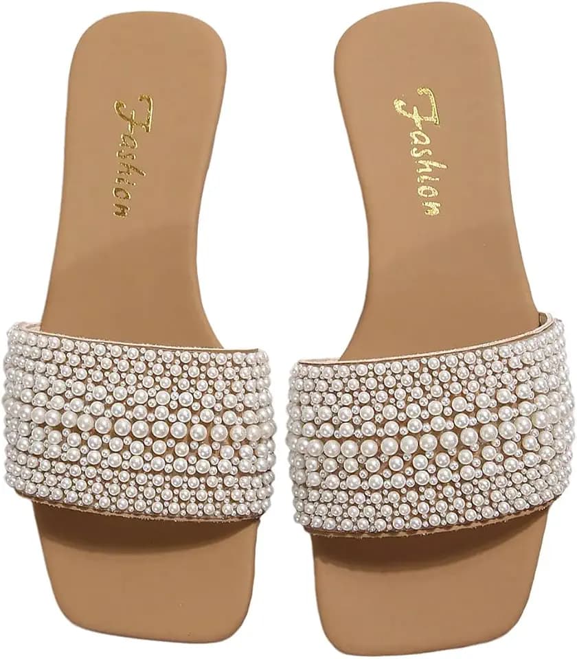 OYOANGLE Women's Pearl Square Toe Sandals Open Toe Flat Slip On Slides