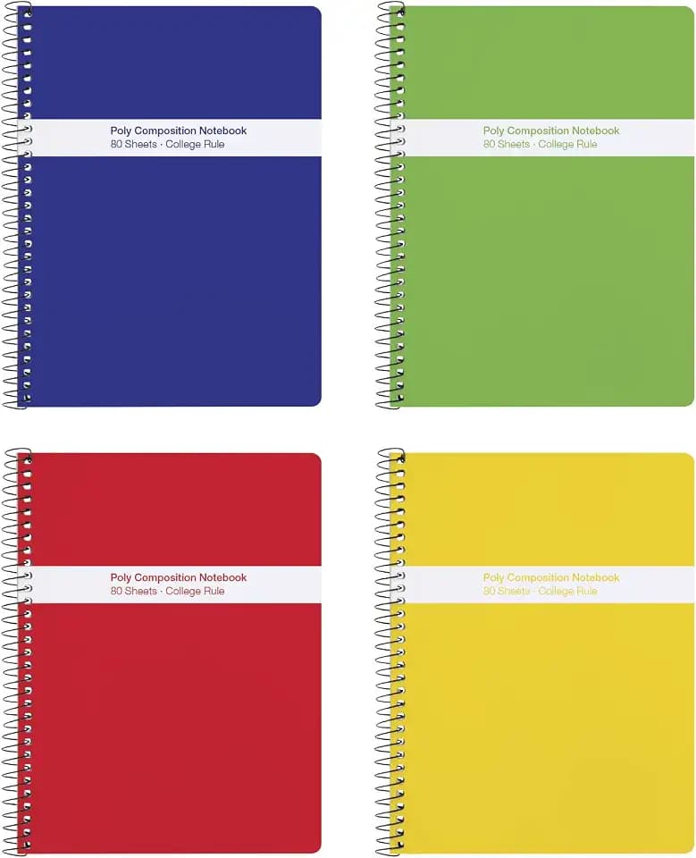 Oxford Spiral Composition Notebooks, 4 Pack, Poly Covers, College Ruled Paper, 9-3/4 x 7-1/2 Inches, 80 Sheets, Assorted Primary Color Covers (64949)