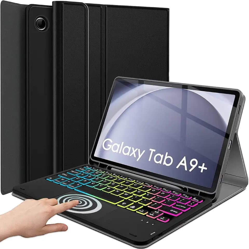 Touchpad-Tastaturhülle mit Hintergrundbeleuchtung für Samsung Galaxy Tab A9 Plus 27,9 cm (11 Zoll) Version 2023 (SM-X210/X216/X218), 3-Zonen-Hintergrundbeleuchtung, kabellose Tastatur mit