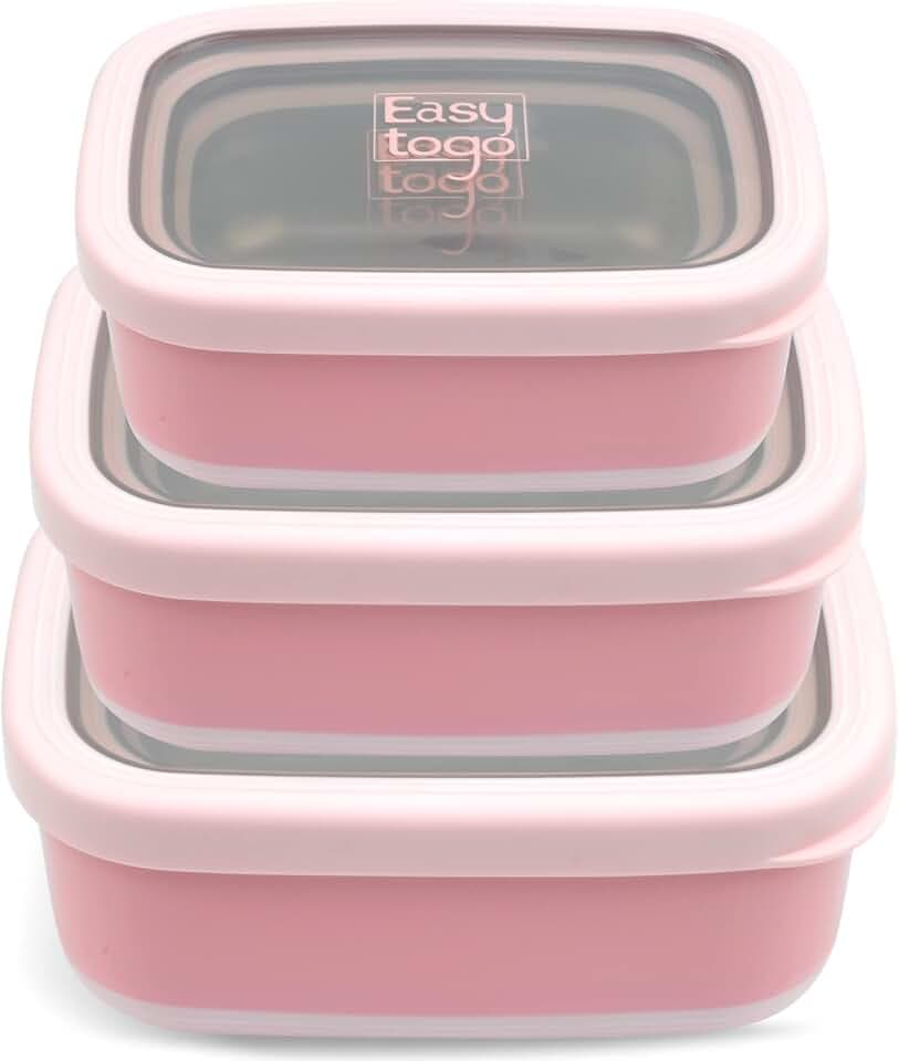 Easy Togo 3 Pack Stainless Steel Food Containers with Silicon Lid & Non-Slip Exterior, LeakProof, Airtight Rectangular Portion Control Storage Lunch Box, Togo Lunch Containers for Adults - Pink