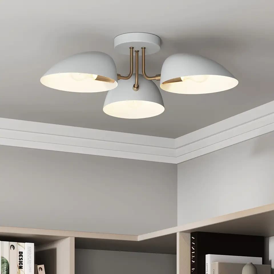 Nathan James Argo Semi Mount Flush Ceiling Light, 3-Lights Modern Retro Lighting with White Rounded Shades for Hallway, Dining Room and Bedroom, Brass Gold/White