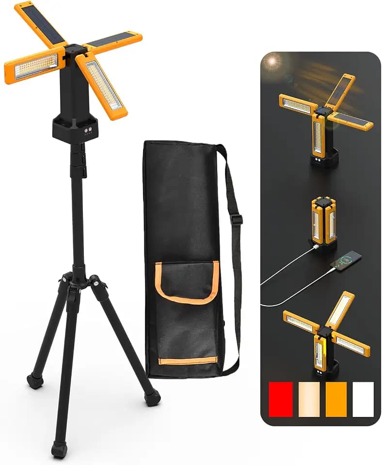 13200mAh Rechargeable Solar Work Light with Folding Stand and Carrying Bag, AODOO 8000 Lumen Stepless Dimmable , White/Warm/Nature White/RED(SOS) with Detachable Tripod (Orange)