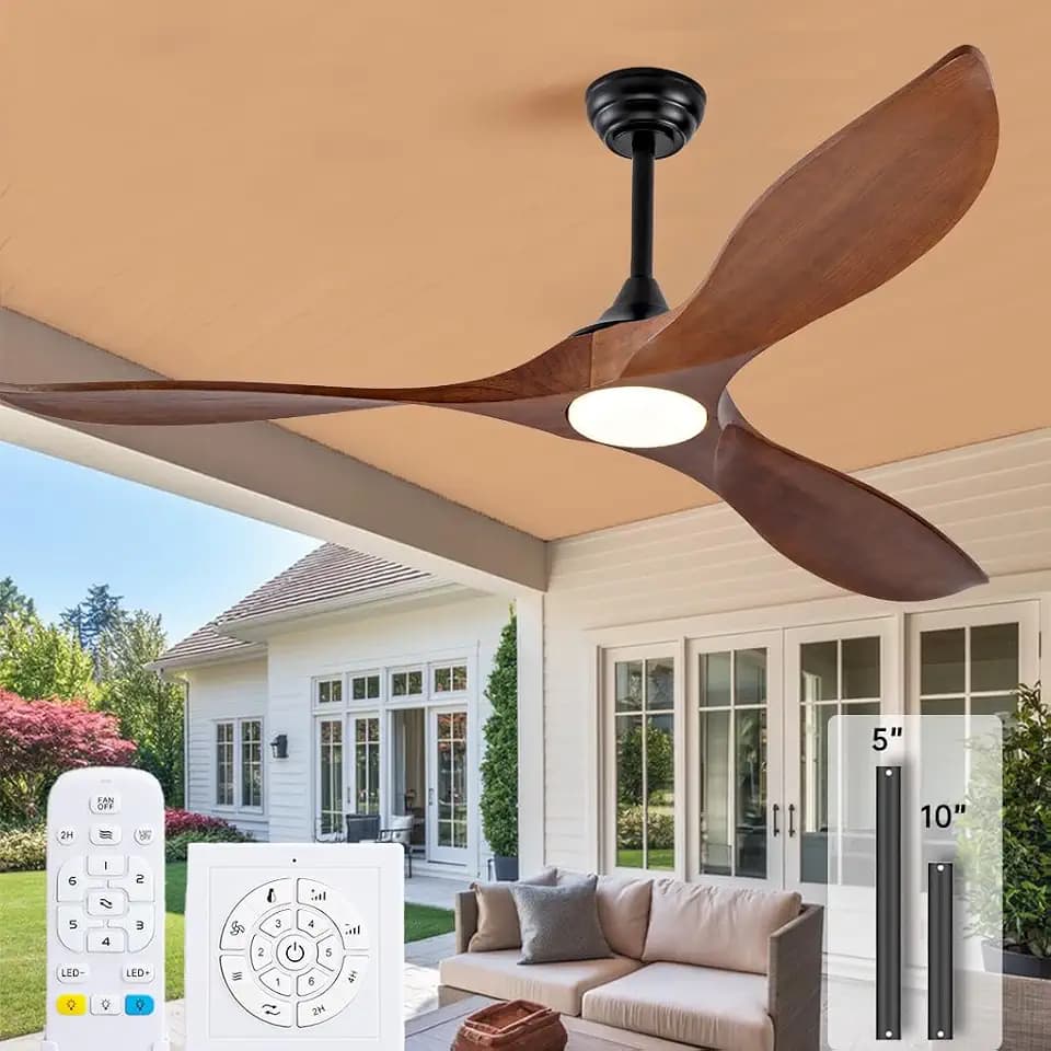 60 Inch Outdoor Ceiling Fans with Lights and Remote,3 Blade Modern Solid Wood Ceiling Fan with Wall Control Switch,Dimmable,Quiet Noiseless DC Motor for Patios,Farmhouse, Living Room,Bedroom