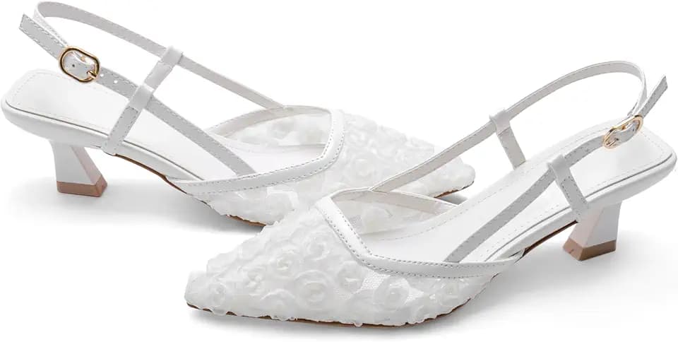 Close Toe Pump Shoes for Women Pointed Toe Slingback Flowers Floral Kitten Heels Sandals Dressy Heeled Sandals Wedding Bridal Dressy Shoes