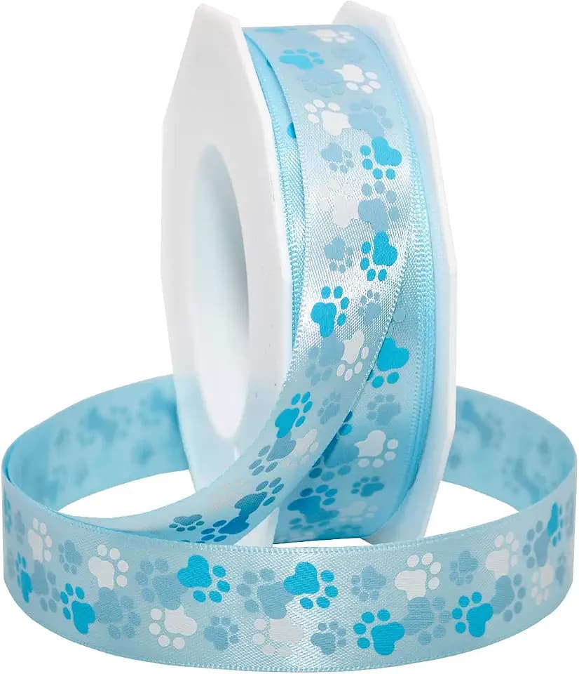 Morex Ribbon Precious Pets - Paws in Blue & White Satin, 7/8 inch by 20 Yards, Blue