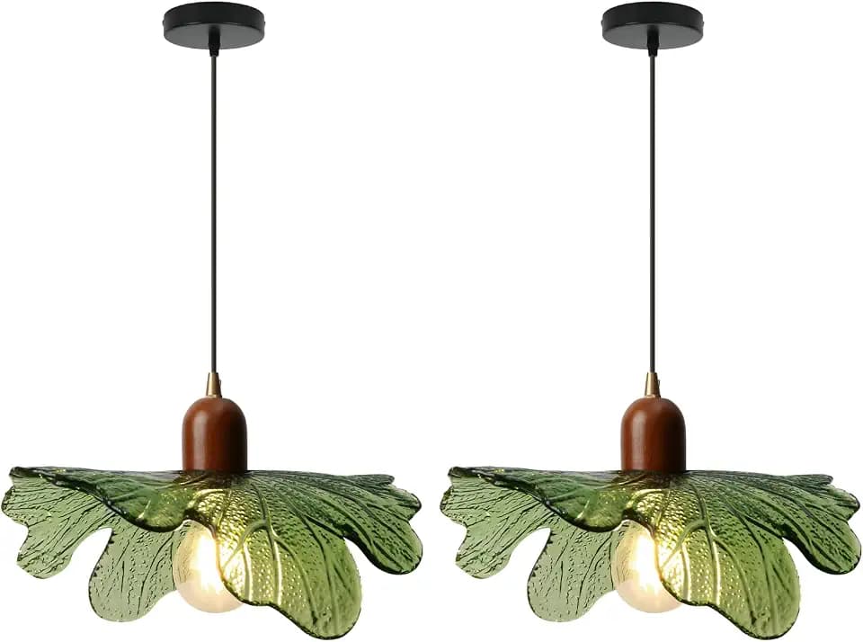 2-Pack Green Flower Glass Pendant Light, Mid Century Modern Hanging Lamp with Wood, Adjustable Cord E26 Ceiling Light Fixture for Kitchen Island Dining Room