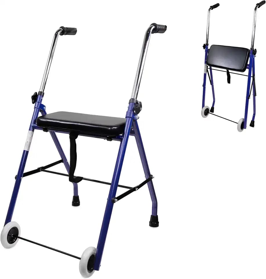 Mobiclinic®, Gehbock mit Rollen Klappbar, Höhenverstellbar, Faltbar und Leicht, Emérita, Gepolstertem Sitz, 2 Räder, Stabil, Max. 100 Kg, Ergonomische Griffe, Stahl, Blau