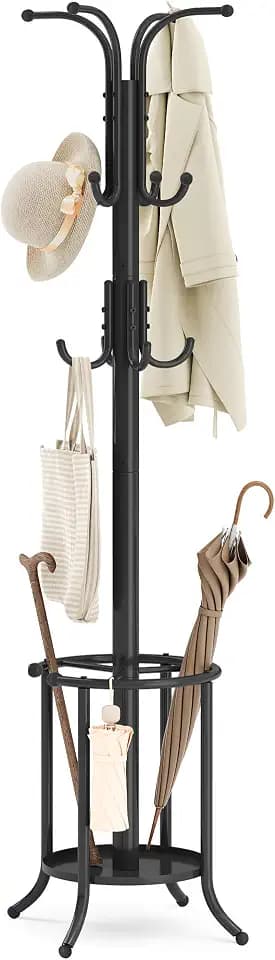 SONGMICS Metal Coat Rack Freestanding, with Umbrella Holder, 12 Hooks