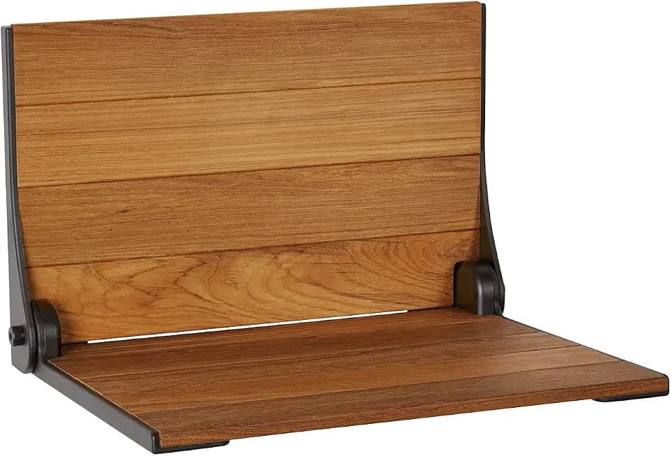 Seachrome Silhouette Natural Teak Wood Wall Mount Folding Shower Seat Bench with Matte Black Frame