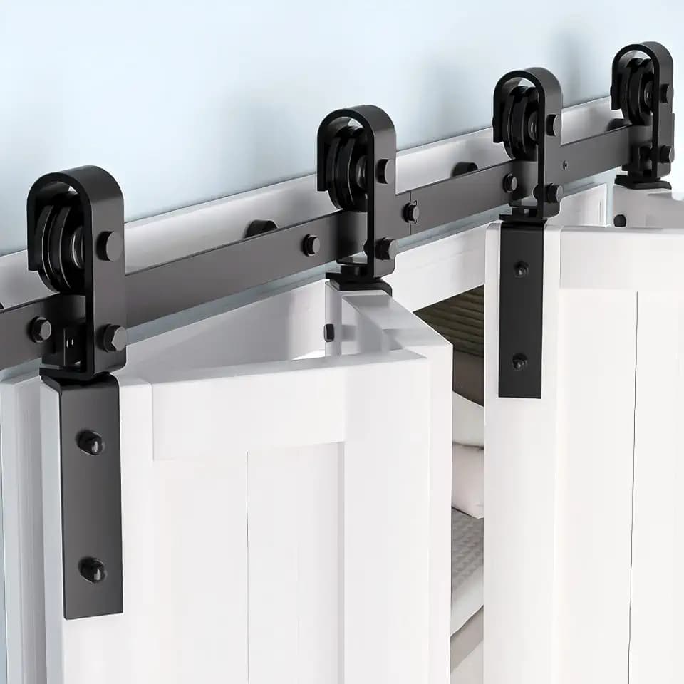 72"/6Ft Bifold Sliding Barn Door Hardware Track Kit, Bi-Folding Barn Door Hardware Kit, Side Mounted Black J Shape Roller Up to 400 LBS, Heavy Duty Bifold Door Hardware for 4 Doors, Smoothly and Quiet