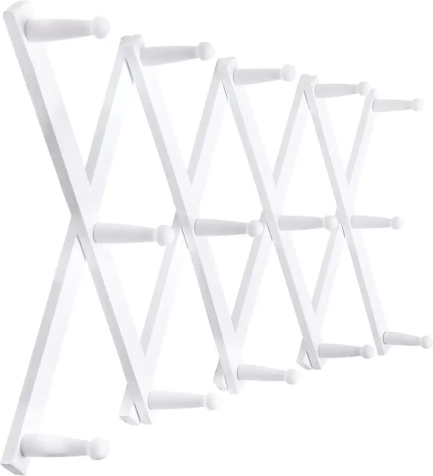 SKOLOO Hat Rack for Wall with 14 Hooks, Solid Wooden, Modern, Expandable Coat Rack Wall Mount for Coats, Hats, Bags, Baseball Caps, White