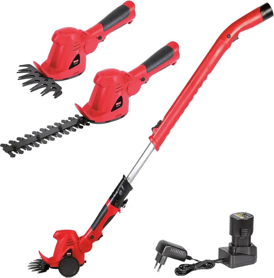 Valex RSA109 Akku Hecken- und Beettrimmer, Klinge Heckenschere 220 mm und Rasenmäher 160 mm, Kopf neigbar 7 Positionen, Teleskopgriff mit Rädern