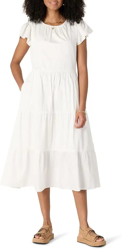 Amazon Essentials Women's Relaxed-Fit Cotton Sateen Crewneck Tiered Midi Dress with Flutter Sleeves, Back Button Closure