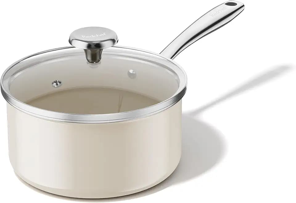 Redchef Ceramic Sauce Pan with Lid, 2.5QT Nonstick Saucepan, Beige White