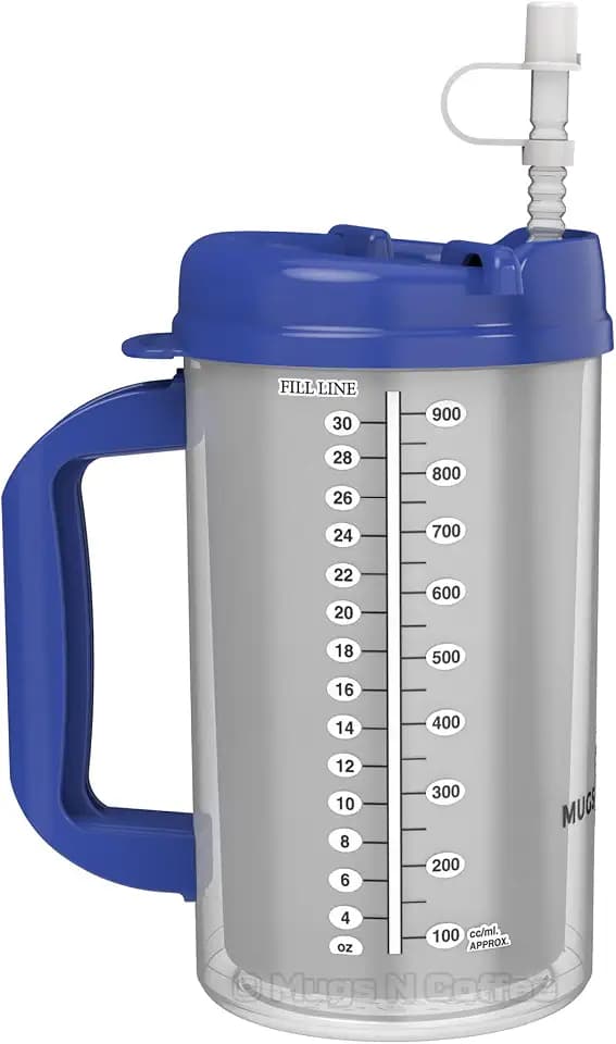 32 oz Double Wall Insulated Hospital Mug - Cold Drink Mug - Large Carry Handle - Includes Straw (1, Blue)