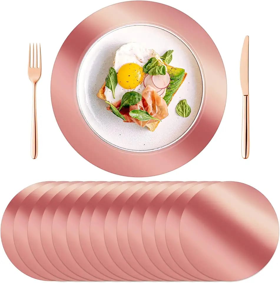 KesaPlan 50PCS Round Rose Gold Placemats, Disposable Paper Chargers Plate