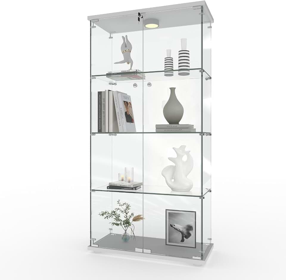 GarveeHome 4 Shelves Display Cabinet with LED Light & Double Doors, White