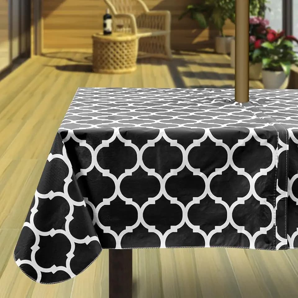 Hipinger Vinyl Rectangle/Oblong Tablecloth with Zipper and Umbrella Hole, Oil Waterproof Stain Resisteant PVC Table Cover 60 Inch by 84 Inch, Black Moroccan
