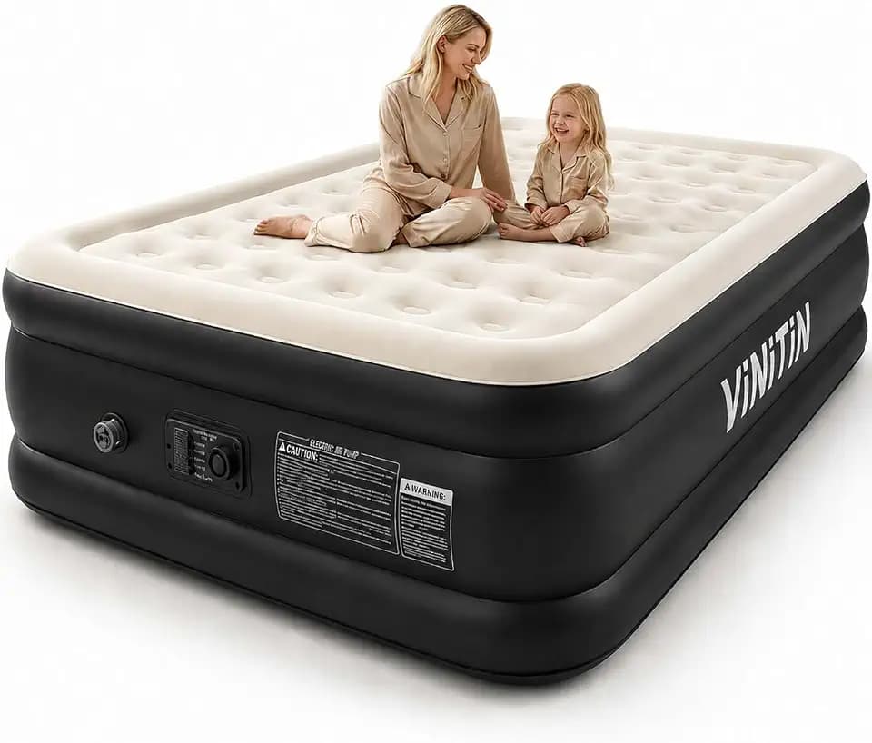 Queen Air Mattress with Built-in Pump, 16" Elevated Inflatable Bed for Home & Guests, Self-Inflating Blow Up Mattress with Flocked Top & Storage Bag, 660lb Max Weight, Matt Black