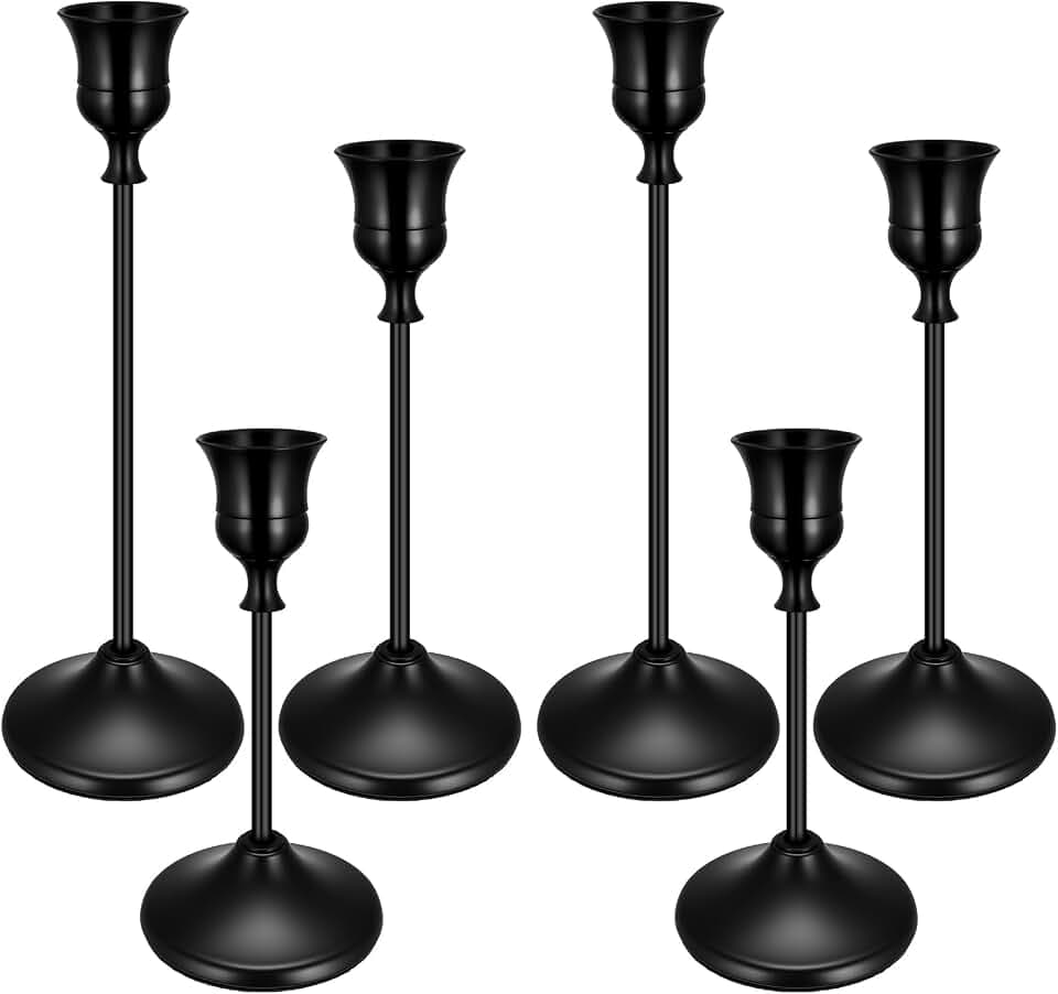 6PCS Brass Black Taper Candle Holders Set, Metal Candlestick Holders