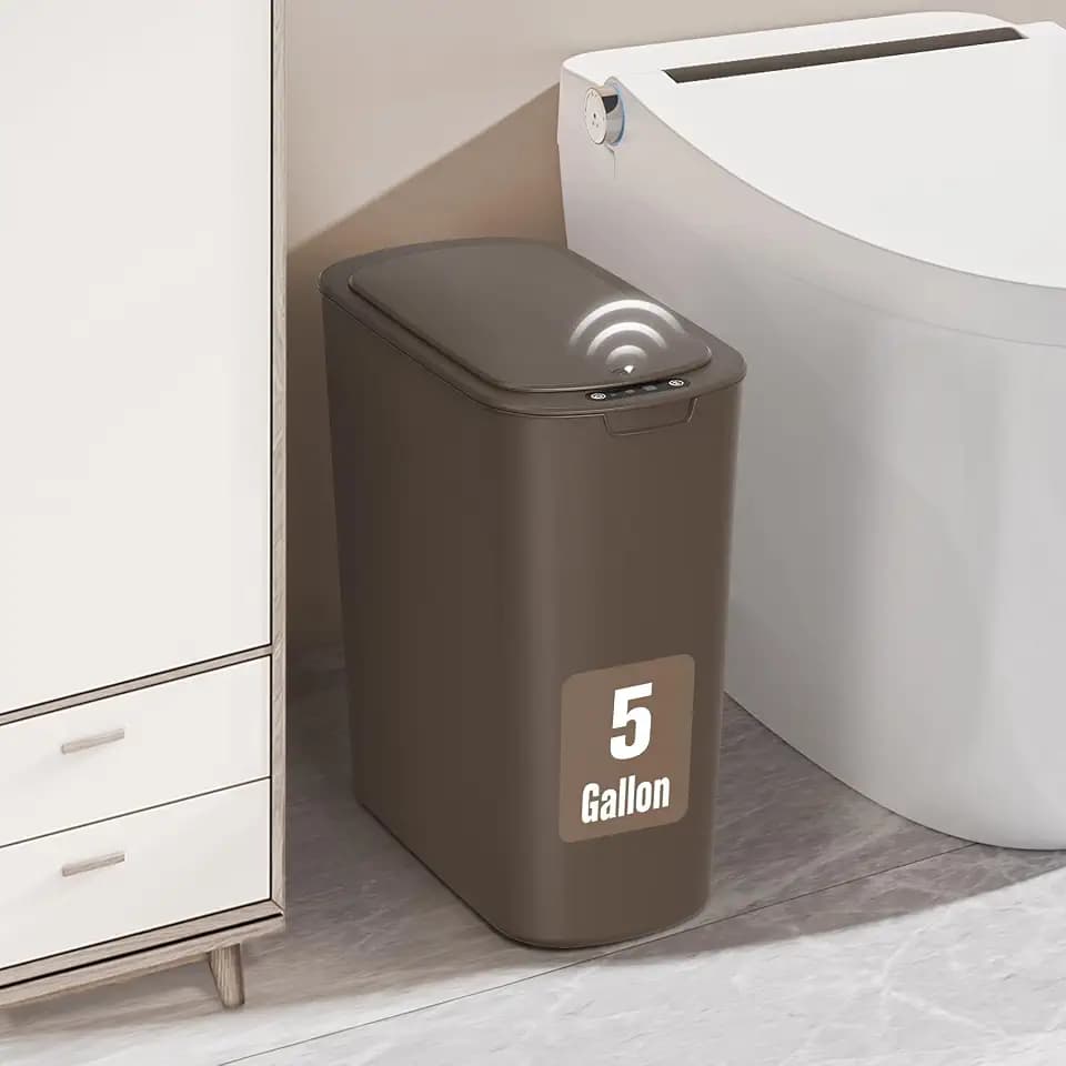Cesun 5 Gallon Automatic Bathroom Trash Can with Lid, Brown, Touchless