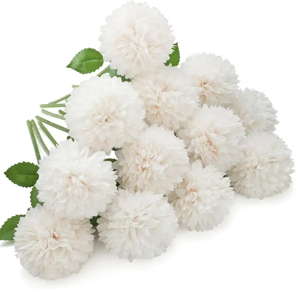 Floweroyal 12pcs Artificial Chrysanthemum Ball Flowers Silk Hydrangea Bridal Wedding Bouquet for Home Garden Party Office Coffee House Decoration (Cream White)