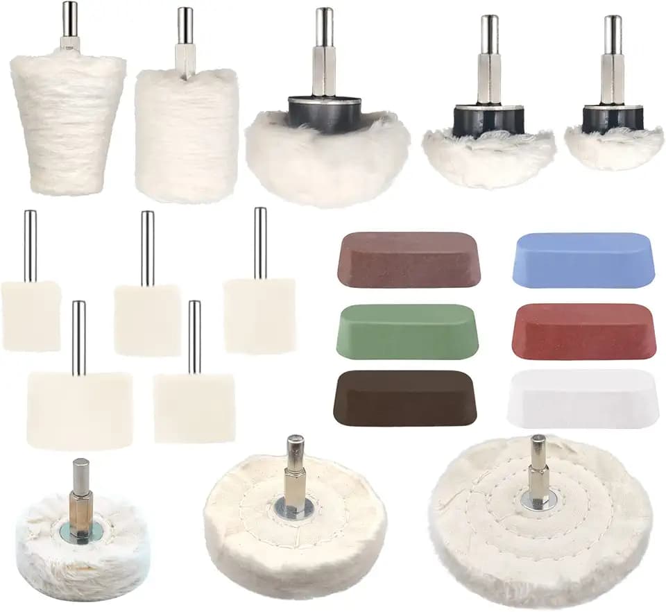 19 Pcs Buffing Wheel for Drill,Buffing Pad Polishing Wheel Kits with 6 Pcs Polishing Compound and 5 Pcs Felt Polishing Wheel,for Aluminum, Stainless Steel, Chrome,Metal,Glass,Car Detailing