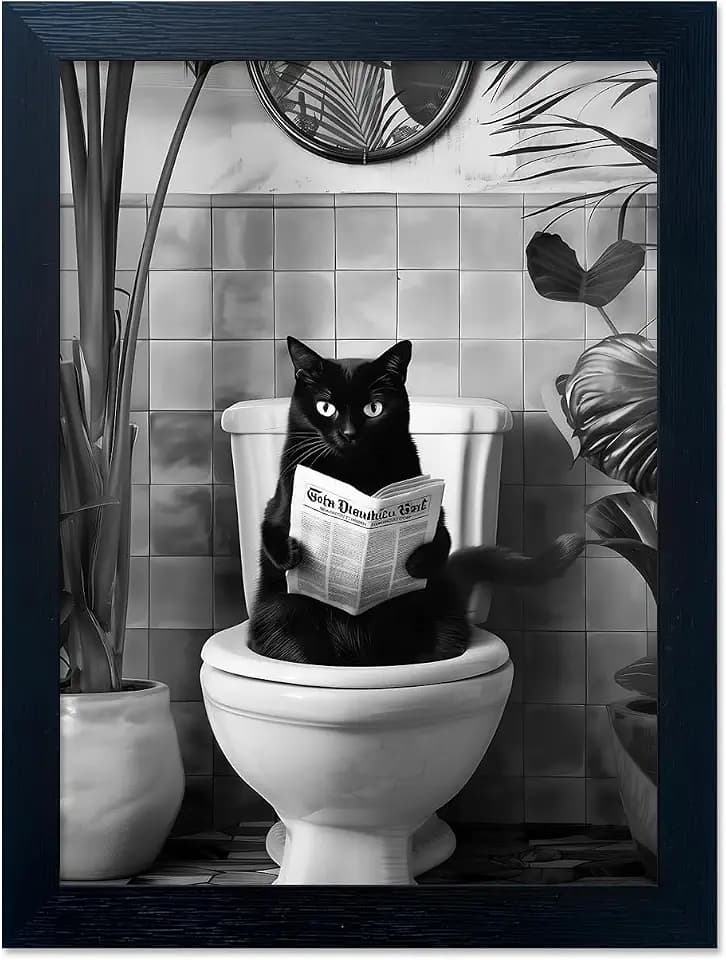 Black and White Bathroom Wall Decor Funny Black Cat Sitting on Toilet Reading Newspaper Humorous Bathroom Wall Art Small Framed Animal Canvas Print Artwork