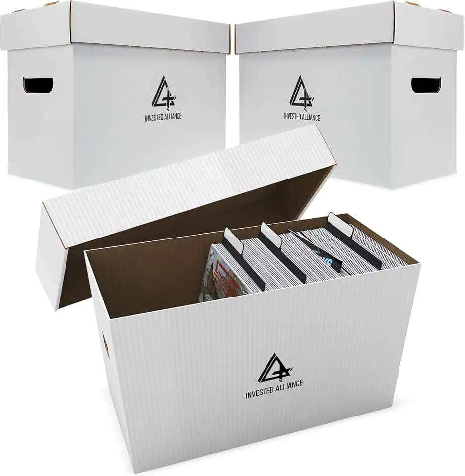 Invested Alliance Premium Short Comic Book Storage Box Organizer with Lid | Thick Cardboard Comic Storage Box For Collectibles Fits 150-175 Current/Silver Age, Heavy Duty & Stackable.
